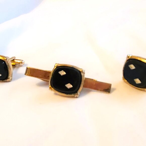 Gold Tone Black Onyx Diamond Tie Tack Clasp Cufflinks Men's Accessories Set - Picture 3 of 8